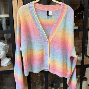 H&M pastel rainbow cardigan button down sweater vneck jacquard knit long sleeve
